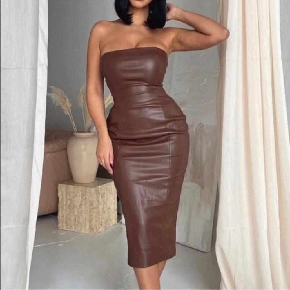 Meshki Pamela Strapless Faux PU Leather Dress - Brown - S